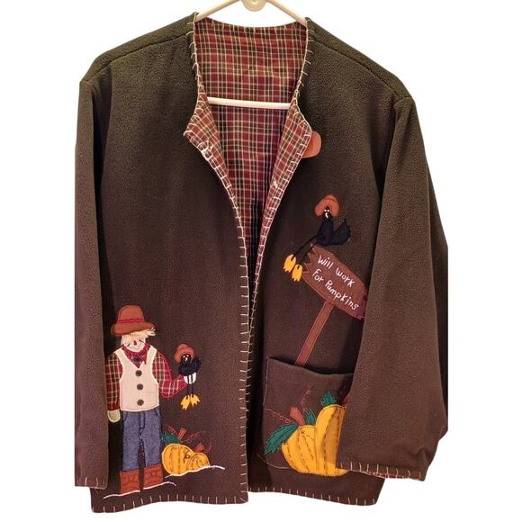 Country Lace Inc Women's XL Fall Scarecrow Pumpkin Applique Reversible Coat - Picture 3 of 6